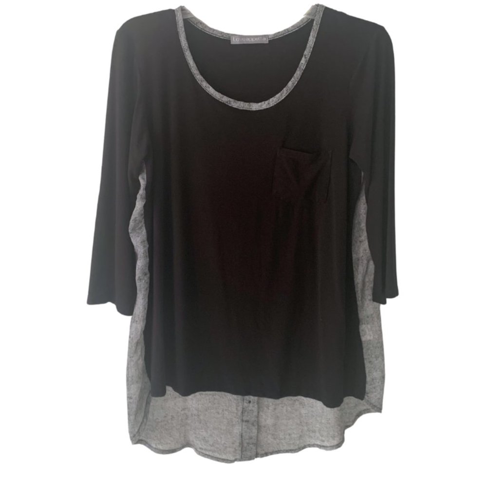 Loveappella Black Mani Button Back Mixed Media knit Top